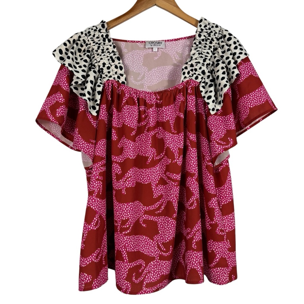 Crosby Mollie Burch Cheetah Leopard Jaguar Pink Animal Print Short Sleeve Top L